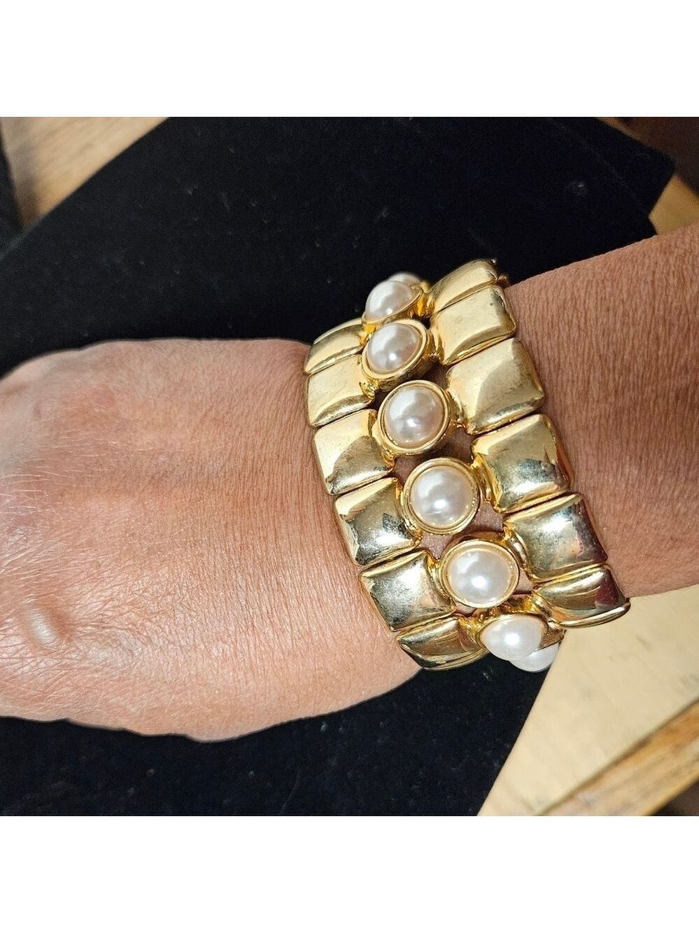 Gold-tone and Faux Pearl Stretch Bracelet